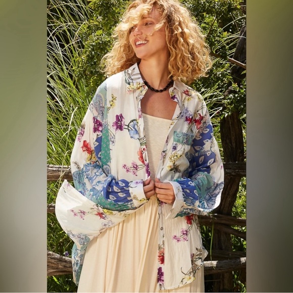 POL Floral Print Button Down Blouse Lightweight Oversized Bohemian Top - Picture 3 of 8